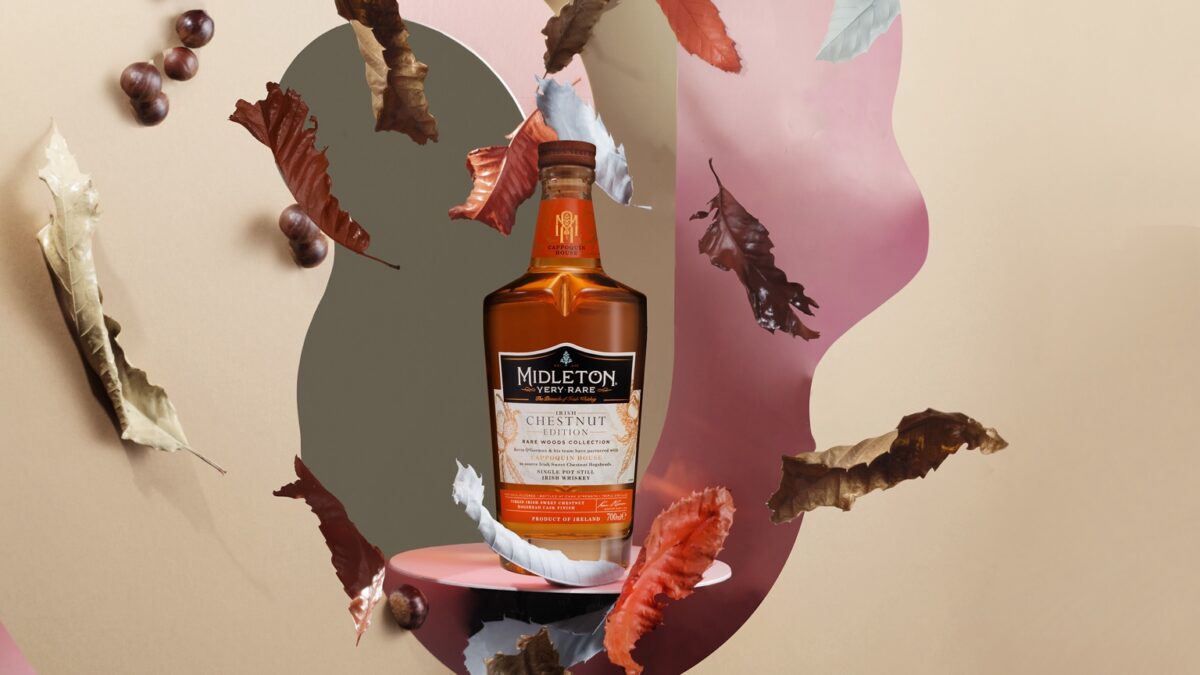 Midleton Very Rare Irish Chestnut Edition bottle surrounded by autumn leaves