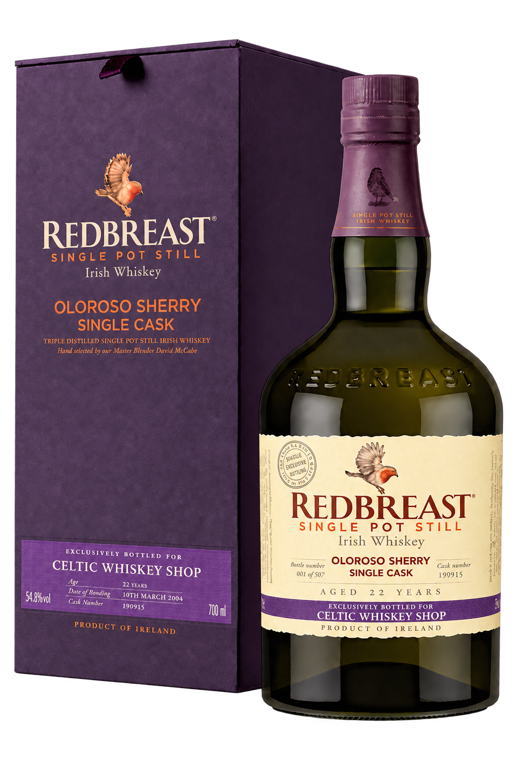 Redbreast 22 Year Old Single Cask bottle and purple presentation box, exclusive to Celtic Whiskey Shop