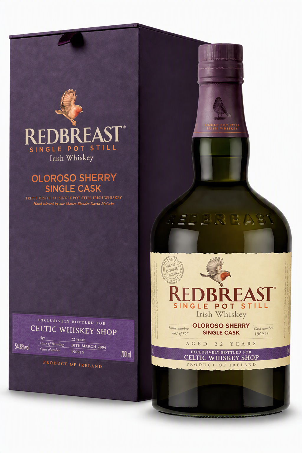 Redbreast 22 Year Old Single Cask bottle and purple presentation box, exclusive to Celtic Whiskey Shop
